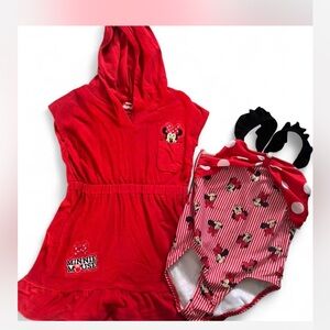 Red Minnie Mouse Hooded coverup and Swimsuit Set size 6/7